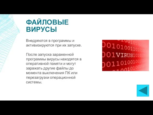 ФАЙЛОВЫЕ ВИРУСЫ Внедряются в программы и активизируются при их запуске.