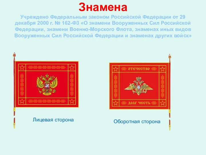 Знамена Учреждено Федеральным законом Российской Федерации от 29 декабря 2000 г. № 162-Ф3