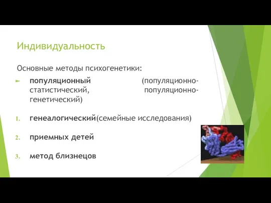 Индивидуальность Основные методы психогенетики: популяционный (популяционно-статистический, популяционно-генетический) генеалогический(семейные исследования) приемных детей метод близнецов