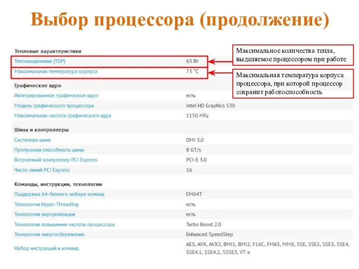 Выбор процессора (продолжение) Максимальное количества тепла, выделяемое процессором при работе