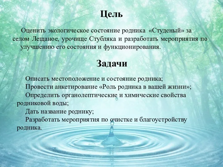 Цель Оценить экологическое состояние родника «Студеный» за селом Лещаное, урочище