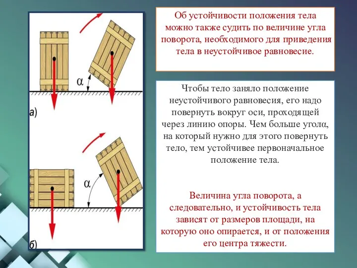 Чтобы тело заняло положение неустойчивого равновесия, его надо повернуть вокруг