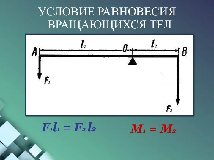 УСЛОВИЕ РАВНОВЕСИЯ ВРАЩАЮЩИХСЯ ТЕЛ F1l1 = F2 l2 M1 = M2