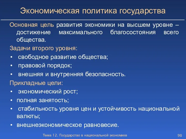 Тема 12. Государство в национальной экономике Экономическая политика государства Основная