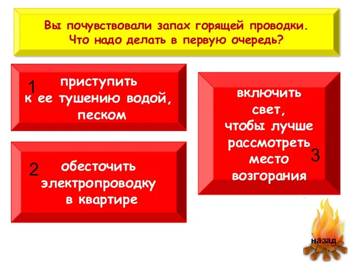 приступить к ее тушению водой, песком включить свет, чтобы лучше