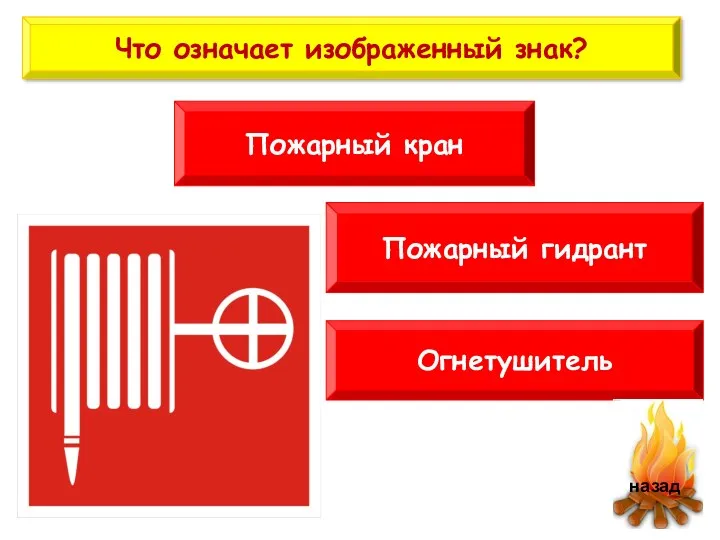 Что означает изображенный знак? Пожарный кран Огнетушитель Пожарный гидрант