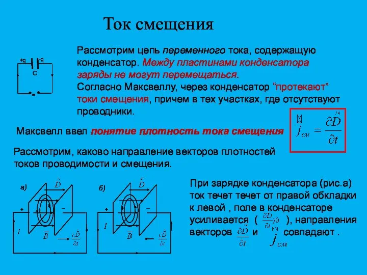 Ток смещения Рассмотрим цепь переменного тока, содержащую конденсатор. Между пластинами