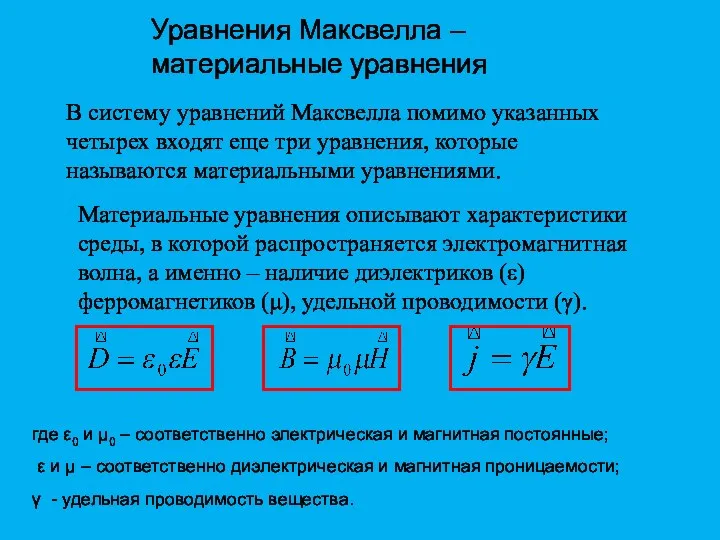 Уравнения Максвелла – материальные уравнения В систему уравнений Максвелла помимо