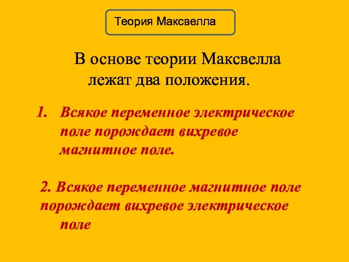 Теория Максвелла В основе теории Максвелла лежат два положения. Всякое