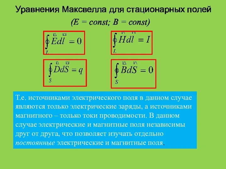 Уравнения Максвелла для стационарных полей (Е = const; B =