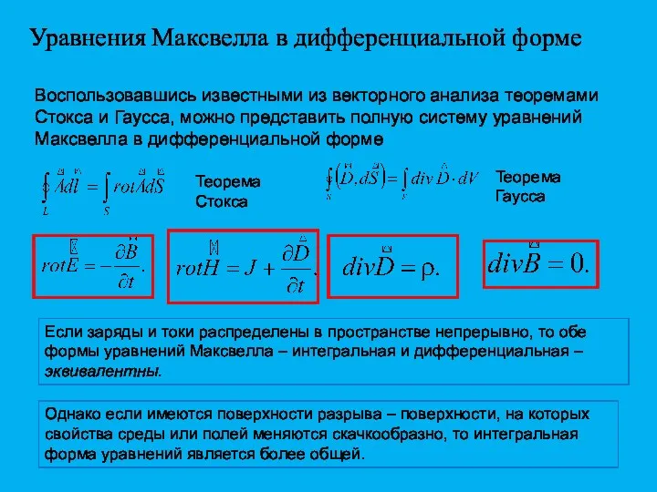 Уравнения Максвелла в дифференциальной форме Воспользовавшись известными из векторного анализа