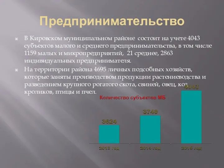 Предпринимательство В Кировском муниципальном районе состоит на учете 4043 субъектов