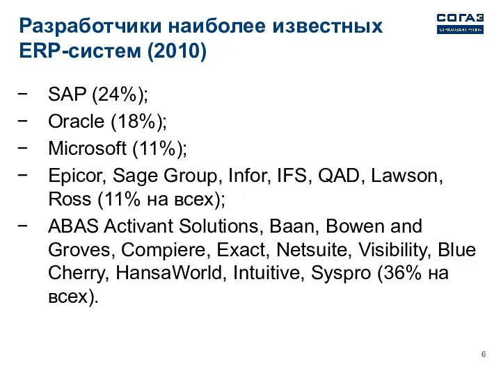 Разработчики наиболее известных ERP-систем (2010) SAP (24%); Oracle (18%); Microsoft