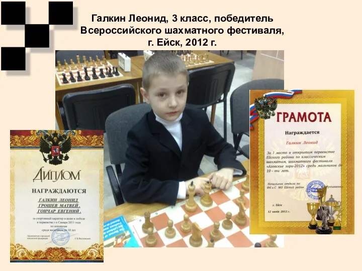 Галкин Леонид, 3 класс, победитель Всероссийского шахматного фестиваля, г. Ейск, 2012 г.