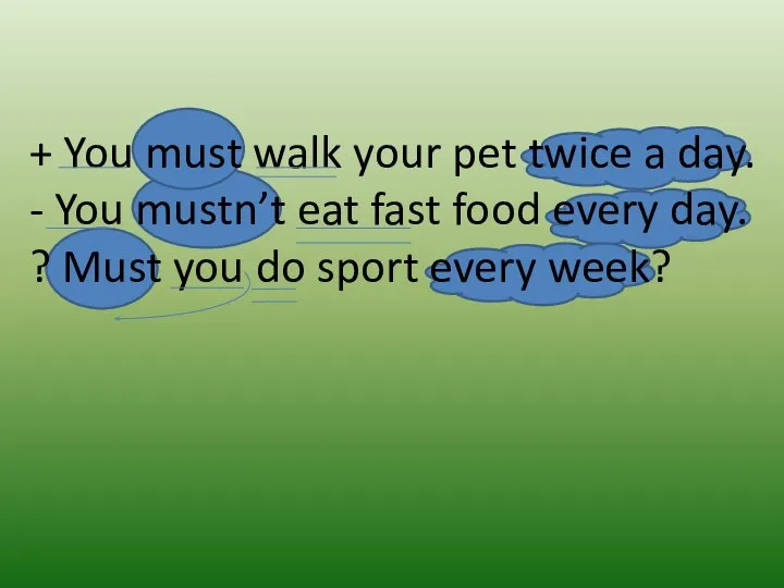+ You must walk your pet twice a day. - You mustn’t eat
