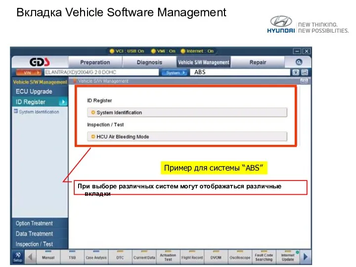 Вкладка Vehicle Software Management При выборе различных систем могут отображаться