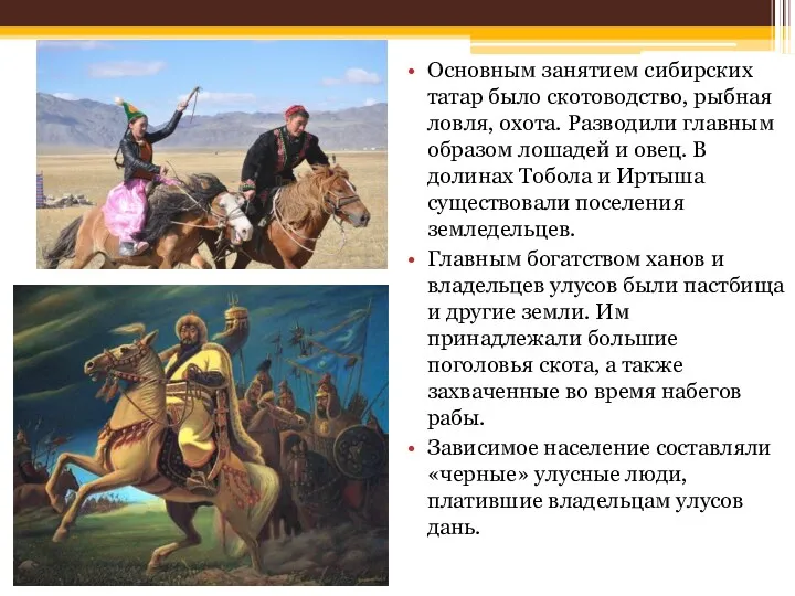 Основным занятием сибирских татар было скотоводство, рыбная ловля, охота. Разводили