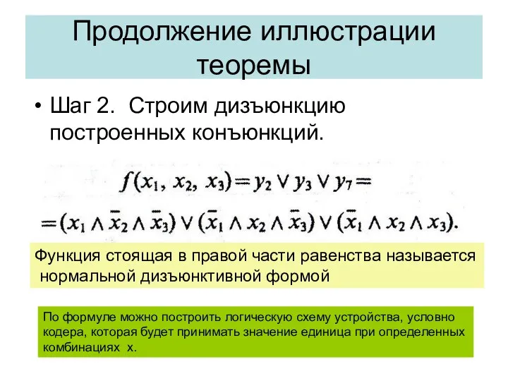 Шаг 2. Строим дизъюнкцию построенных конъюнкций. Продолжение иллюстрации теоремы Функция