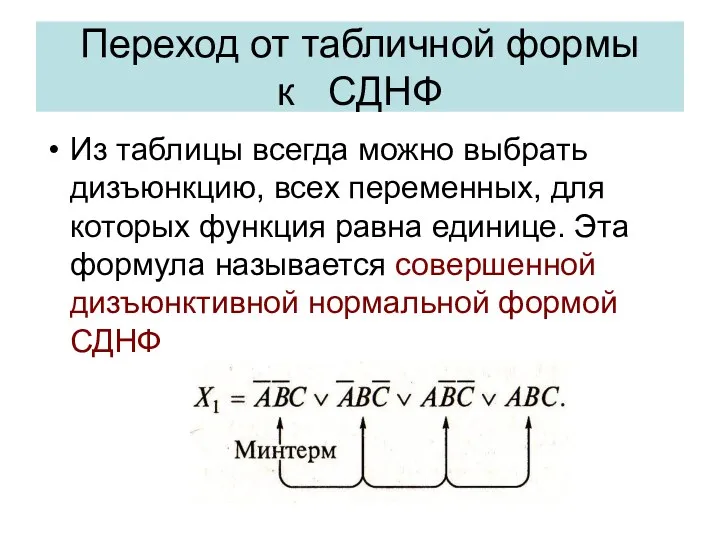 Из таблицы всегда можно выбрать дизъюнкцию, всех переменных, для которых функция равна единице.