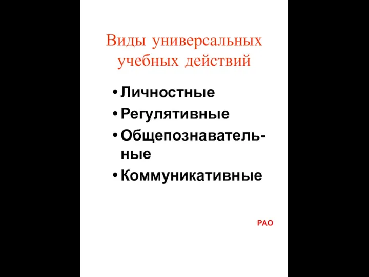 Виды универсальных учебных действий Личностные Регулятивные Общепознаватель-ные Коммуникативные РАО