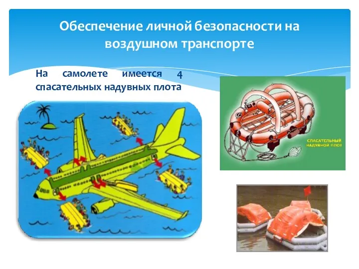 Обеспечение личной безопасности на воздушном транспорте На самолете имеется 4 спасательных надувных плота