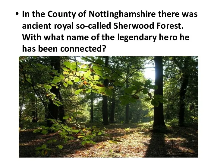 In the County of Nottinghamshire there was ancient royal so-called Sherwood Forest. With