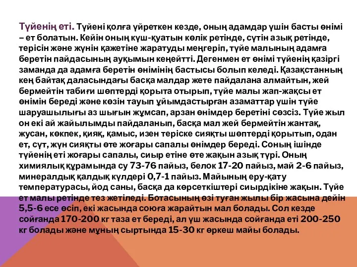 Түйенің еті. Түйені қолға үйреткен кезде, оның адамдар үшін басты