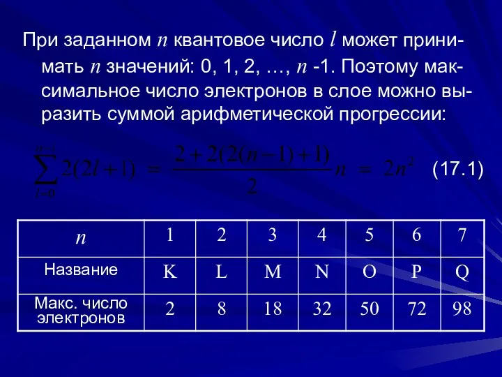 При заданном n квантовое число l может прини-мать n значений: