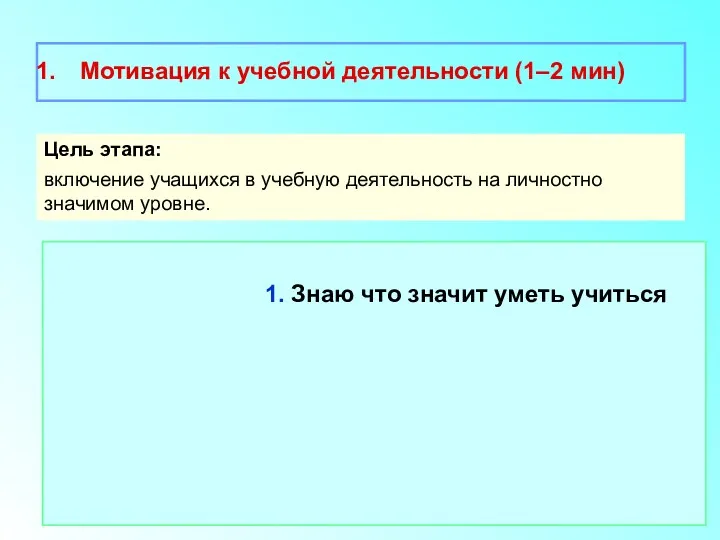 Мотивация к учебной деятельности (1–2 мин) Цель этапа: включение учащихся в учебную деятельность