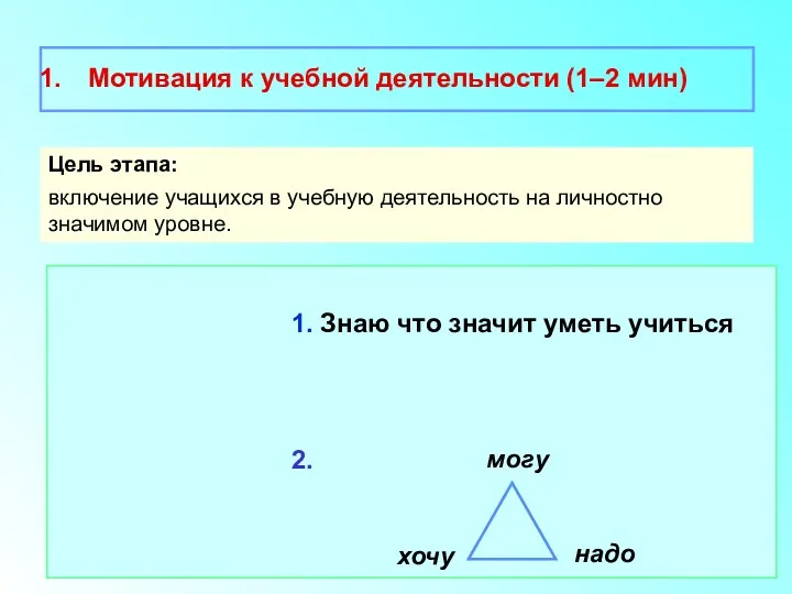 Мотивация к учебной деятельности (1–2 мин) Цель этапа: включение учащихся в учебную деятельность