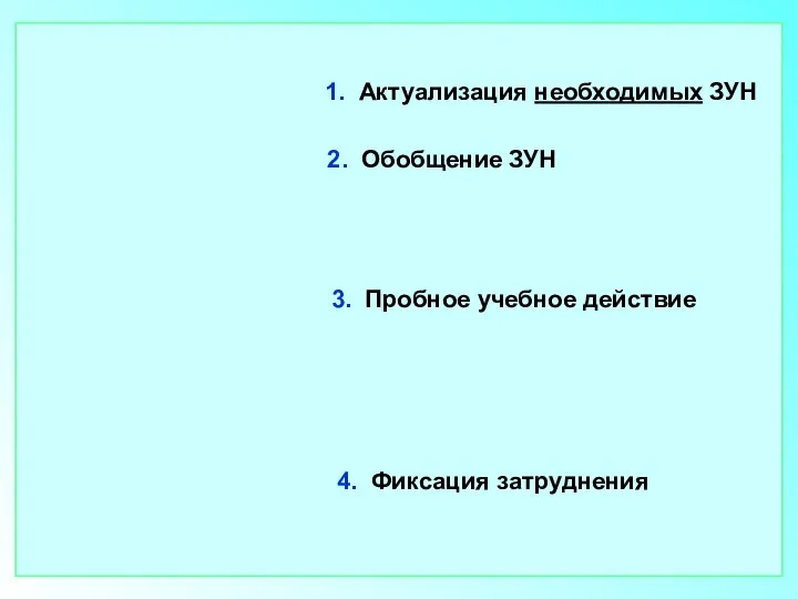 1. Актуализация необходимых ЗУН 3. Пробное учебное действие 4. Фиксация затруднения 2. Обобщение ЗУН