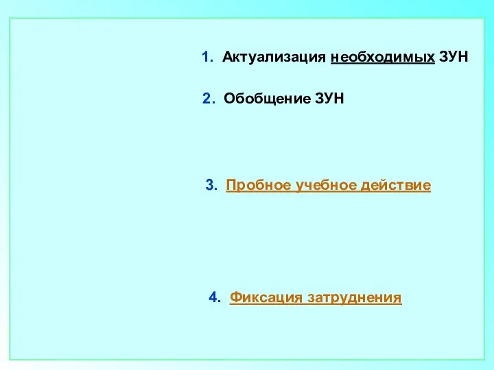 1. Актуализация необходимых ЗУН 3. Пробное учебное действие 4. Фиксация затруднения 2. Обобщение ЗУН