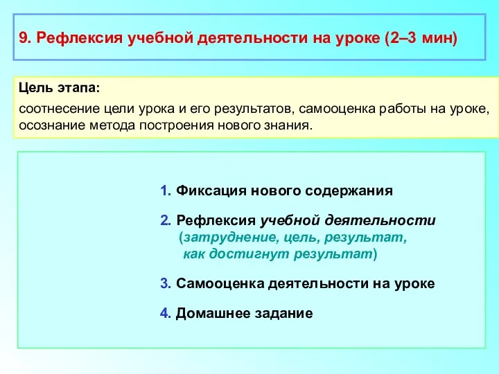 9. Рефлексия учебной деятельности на уроке (2–3 мин) Цель этапа: соотнесение цели урока