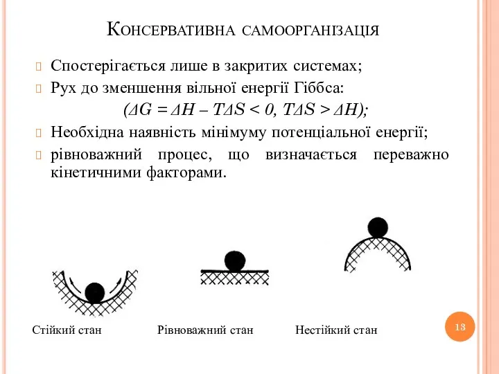 Консервативна самоорганізація Спостерігається лише в закритих системах; Рух до зменшення вільної енергії Гіббса: