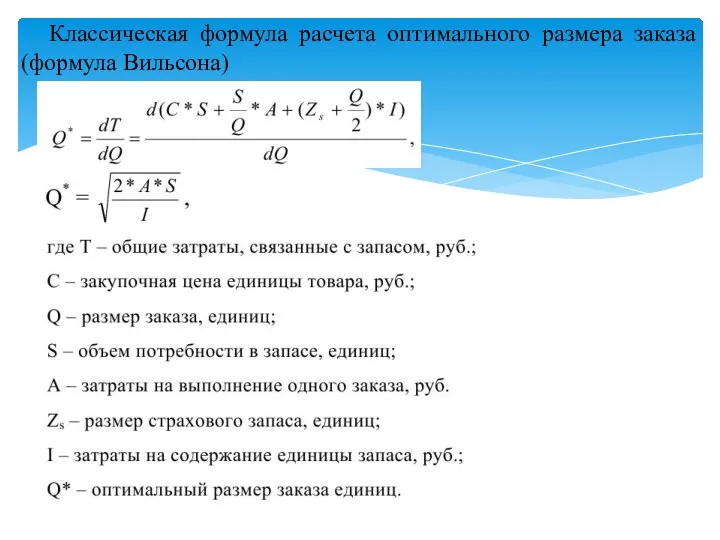 Классическая формула расчета оптимального размера заказа (формула Вильсона)