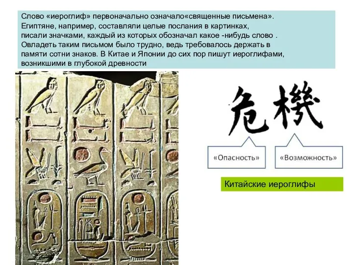 Слово «иероглиф» первоначально означало«священные письмена».Египтяне, например, составляли целые послания в картинках, писали значками,