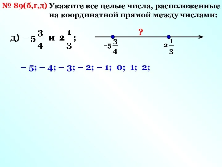 № 89(б,г,д) Укажите все целые числа, расположенные на координатной прямой между числами: –