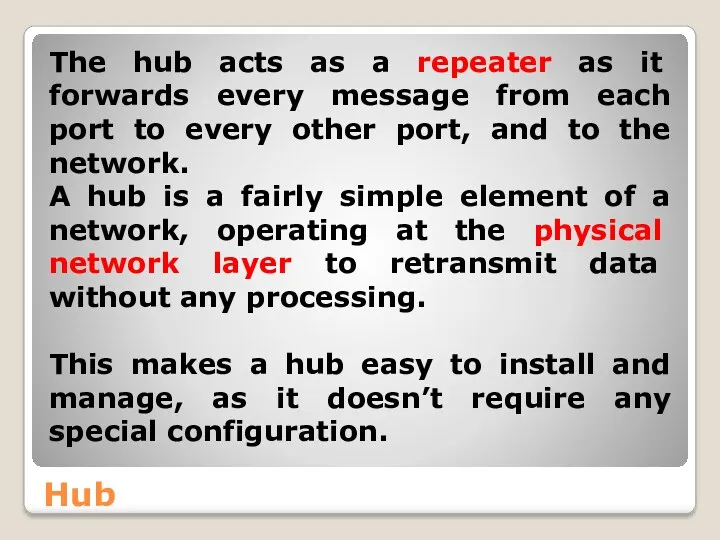 Hub The hub acts as a repeater as it forwards