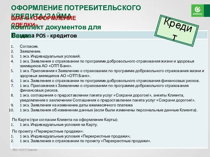 АО «ОТП Банк» ОФОРМЛЕНИЕ ПОТРЕБИТЕЛЬСКОГО КРЕДИТА/ЗАЙМА ШАГ 6 «ОФОРМЛЕНИЕ СДЕЛКИ». Комплект документов для Банка