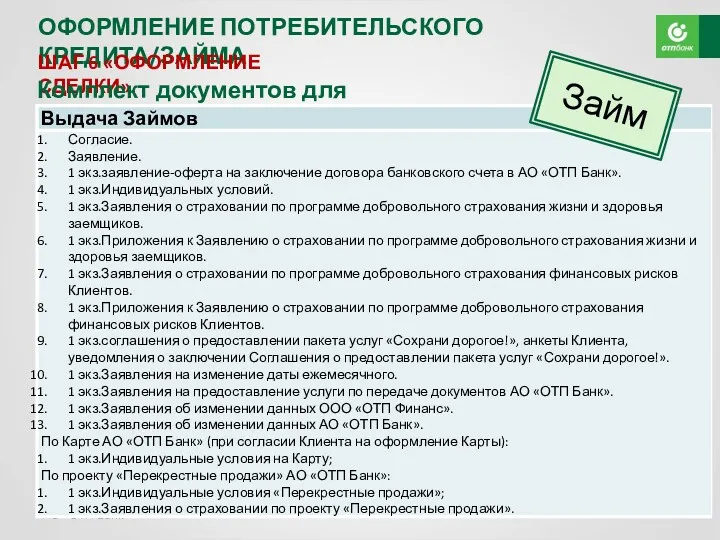 АО «ОТП Банк» ОФОРМЛЕНИЕ ПОТРЕБИТЕЛЬСКОГО КРЕДИТА/ЗАЙМА ШАГ 6 «ОФОРМЛЕНИЕ СДЕЛКИ». Комплект документов для Банка