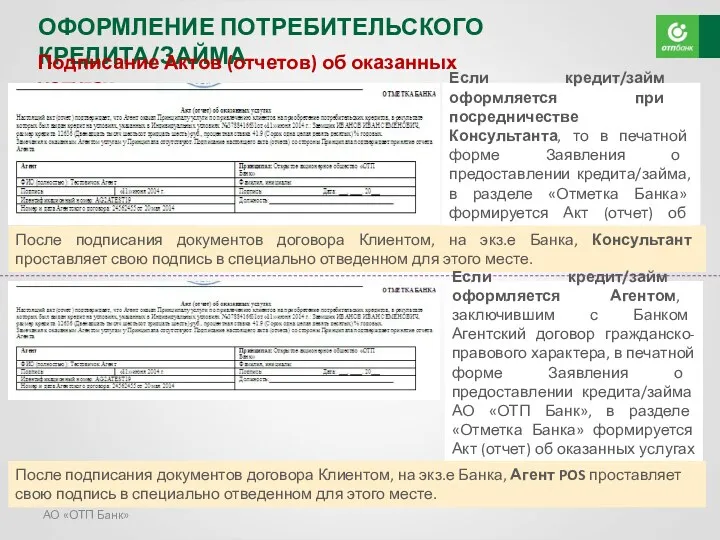 АО «ОТП Банк» ОФОРМЛЕНИЕ ПОТРЕБИТЕЛЬСКОГО КРЕДИТА/ЗАЙМА Подписание Актов (отчетов) об