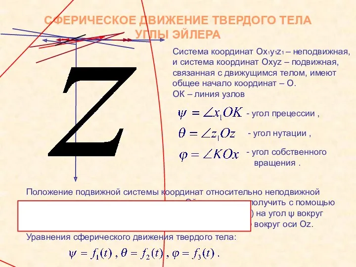 СФЕРИЧЕСКОЕ ДВИЖЕНИЕ ТВЕРДОГО ТЕЛА УГЛЫ ЭЙЛЕРА Система координат Ox1y1z1 –