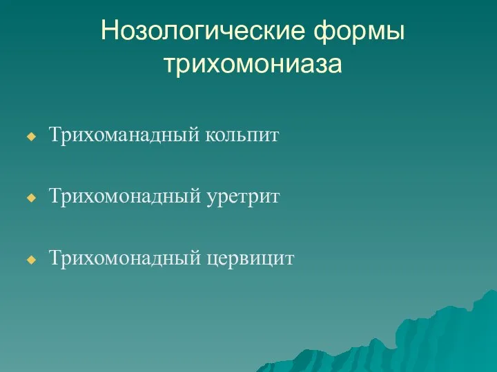 Нозологические формы трихомониаза Трихоманадный кольпит Трихомонадный уретрит Трихомонадный цервицит