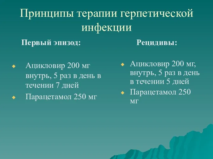 Принципы терапии герпетической инфекции Первый эпизод: Ацикловир 200 мг внутрь,