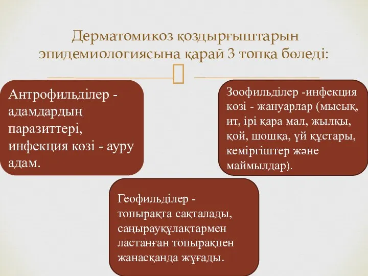 Дерматомикоз қоздырғыштарын эпидемиологиясына қарай 3 топқа бөледі: Антрофильділер - адамдардың