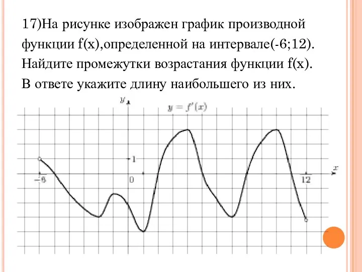 17)На рисунке изображен график производной функции f(x),определенной на интервале(-6;12). Найдите