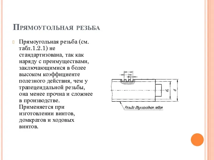 Прямоугольная резьба Прямоугольная резьба (см. табл.1.2.1) не стандартизована, так как