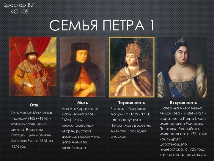 СЕМЬЯ ПЕТРА 1 Отец Царь Алексей Михайлович Тишайший (1629 -1676) - второй русский