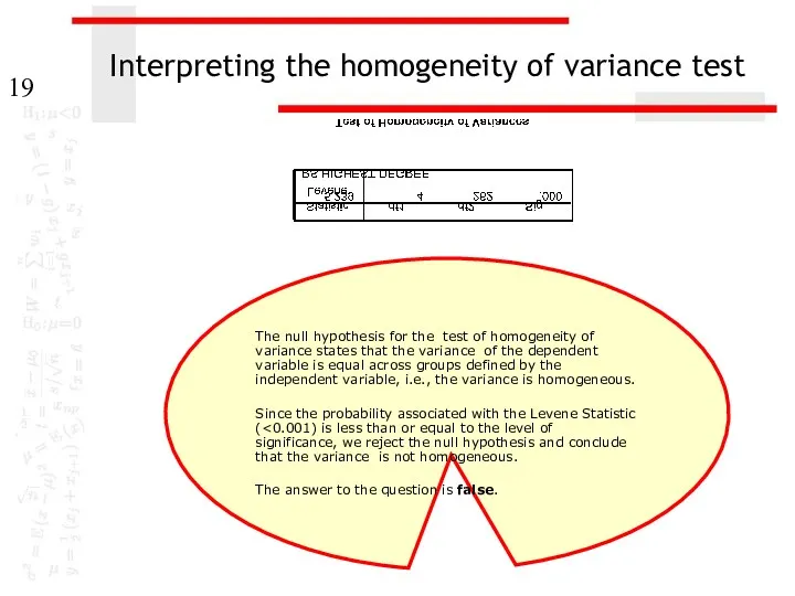 Interpreting the homogeneity of variance test The null hypothesis for