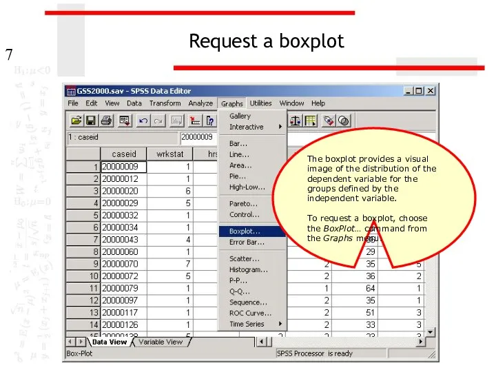 Request a boxplot The boxplot provides a visual image of